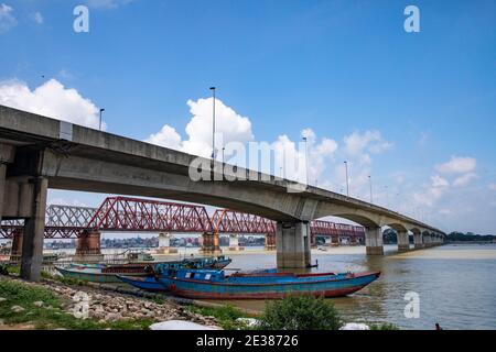 Syed Nazrul Islam Bridge and Bhairab rail way bridges over the Meghna River, Bangladesh. Stock Photo