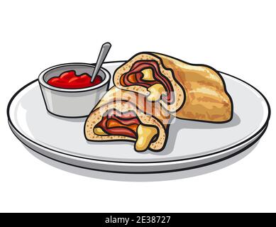 illustration of sliced pizza stromboli with tomato sauce on a plate Stock Vector