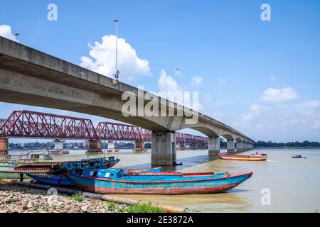 Syed Nazrul Islam Bridge and Bhairab rail way bridges over the Meghna River, Bangladesh. Stock Photo