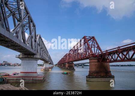 Syed Nazrul Islam Bridge and Bhairab rail way bridges over the Meghna River, Bangladesh. Stock Photo