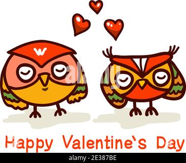 cute owls couple, vector hand drawn illustration with text Stock Vector