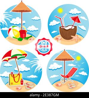 Summer time vector banners set with colorful beach elements in white background. Vector illustration. Isolated on white. Stock Vector