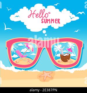 Vector Summer Time Holiday illustration background. Tropical plants, beach ball and sunshade. Stock Vector