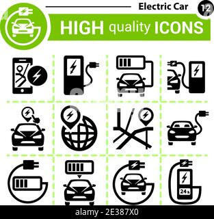 Vector Electric Car icon set. Included the icons as battery, charger, station, socket, automobile, rechargeable and more. Stock Vector