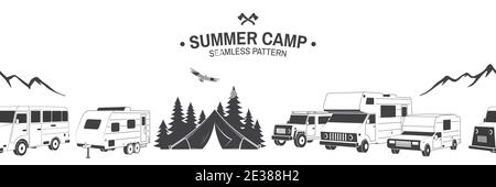 Summer camp seamless pattern. Vector. Outdoor adventure background for wallpaper or wrapper. Seamless scene with mountains, forest, camper tent, RV Motorhome, camping tent, bus silhouette. Stock Vector