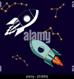 Set of two Rocket ship in a flat style on a dark blue background. Colorful spaceship and white spaceship .Vector illustration with flying rocket. Stock Vector