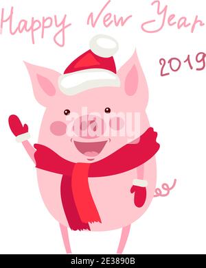 Happy New Year 2019 cute card design with cartoon pig. Vector ...