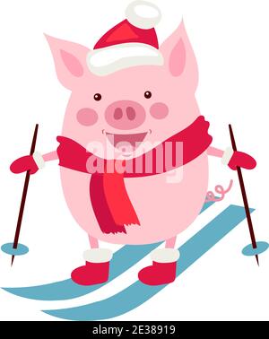 Vector illustration, Happy New Year 2019 funny card design with cartoon pig Stock Vector