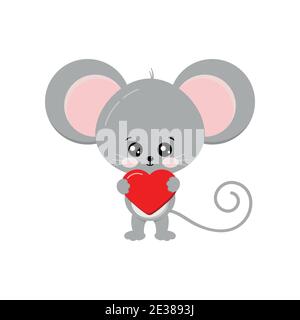 Cute mouse with heart in paw isolated on white background. Stock Vector