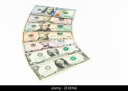 US dollars. 1, 2, 5, 10, 20, 50 and 100 dollar bills. Stock Photo