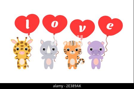 Group of cute animals. Cartoon giraffe, rhino, hippo, tiger stand and hold balloons in their hands. Happy Valentine day. Set of characters isolated Stock Vector