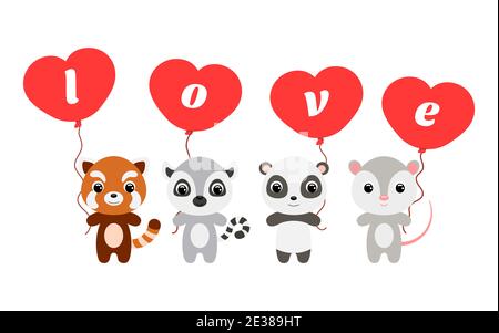 Group of cute animals. Cartoon panda, lemur, opossum, red panda stand and hold balloons in their hands. Happy Valentine day. Set of characters isolate Stock Vector