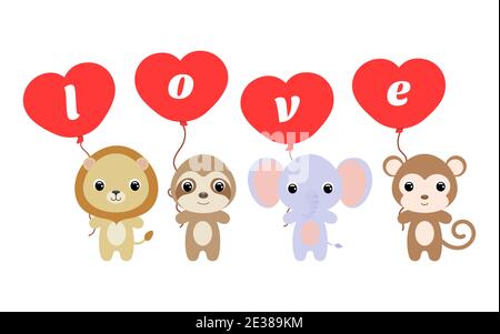 Group of cute animals. Cartoon lion, sloth, elephant, monkey stand and hold balloons in their hands. Happy Valentine day. Set of characters isolated Stock Vector