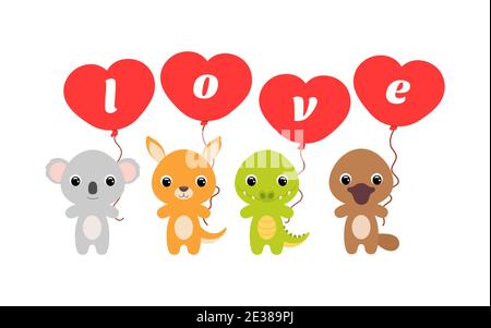 Group of cute animals. Cartoon koala, kangaroo, platypus, crocodile stand and hold balloons in their hands. Happy Valentine day. Set of characters Stock Vector