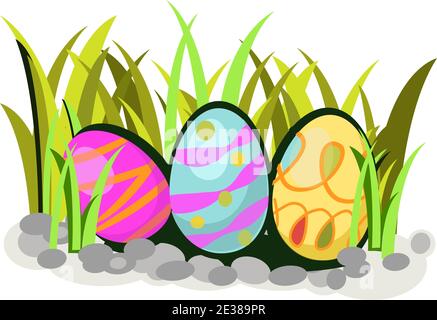 vector illustration of three easter eggs hiden in the grass. Image for inforgrafic, postcards, web Stock Vector