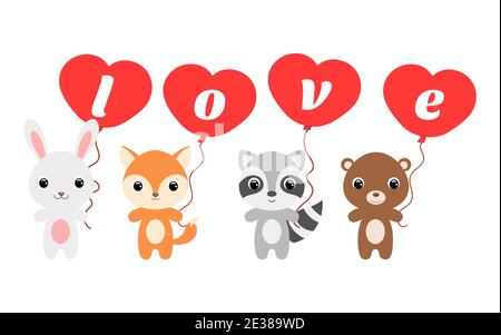 Group of cute animals. Cartoon rabbit, fox, bear, raccoon stand and hold balloons in their hands. Happy Valentine day. Set of characters isolated Stock Vector