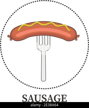 Sausage with ketchup and mustard on a fork on a white background - Vector illustration Stock Vector