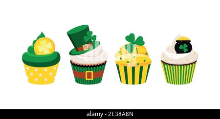 St Patrick cupcakes set isolated on white background. Stock Vector
