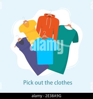 Men and women casual clothes on hangers. Different casual things: dress, t shirt, sweatshirt. Choosing clothes concept. Vector illustration in flat st Stock Vector