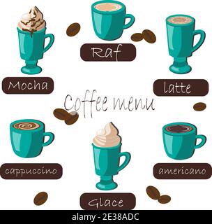 Vector illustration different types of coffee in green cups. Brown plaques with the names of coffee. coffee beans on the background Stock Vector