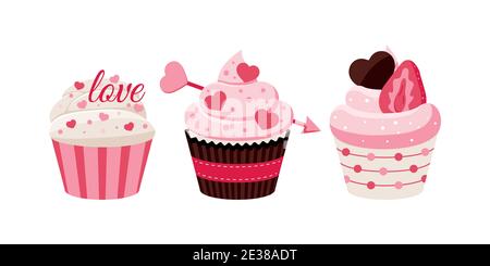 Valentines day cupcakes icon set - cute sweets food. Stock Vector