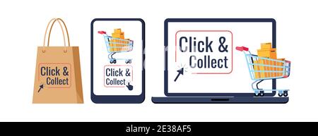 Click and collect retail delivery set isolated on white background. Stock Vector