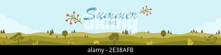 Summer time horizontal banner. Beautiful fields landscape with a green hills, trees, bushes. Rural landscape. Countryside background Web banner templa Stock Vector