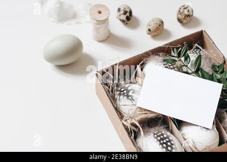 Easter, spring still life. Greeting card, invitation mockup on paper box with quail and hen eggs, feather and green branch isolated on white table Stock Photo