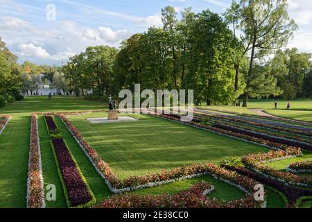 View to the Catherine park in Pushkin near St. Petersburg, Russia,  from the Granite terrace, with the copy of antique sculpture Venus and Cupid Stock Photo