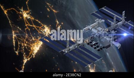 International Space Station, Satellite, Outer Space, Astronaut. Elements of this image furnished by NASA. Stock Photo