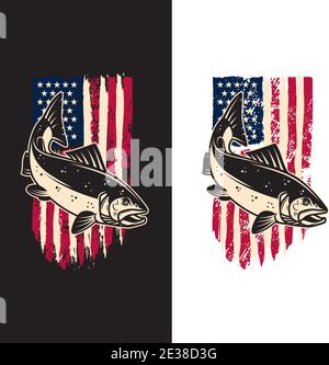 Illustration of salmon fish of background of usa flag in grunge style. Design element for poster,card, banner, sign, emblem. Vector illustration Stock Vector