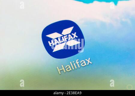 A closeup of the logo for the mobile banking app on a smartphone screen. The Halifax is a British banking brand in the UK Stock Photo