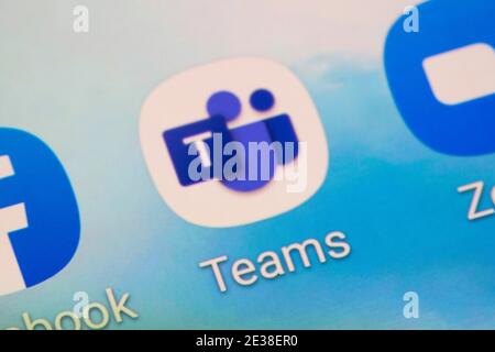 A closeup of the Microsoft Teams app logo on a smartphone. Microsoft Teams is a proprietary business communication platform developed by Microsoft Stock Photo