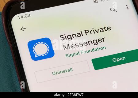 A closeup on the Google Play install screen for the Signal Private Messenger App by the Signal Foundation on a smartphone screen Stock Photo