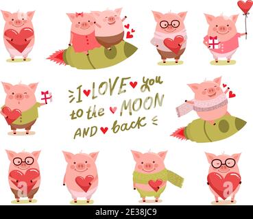 Vector illustration set of cute cartoon pigs. Symbol of the new year 2019 for web, site, greeting card, valentine day poster Stock Vector
