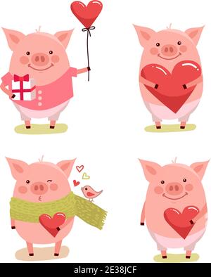 Vector illustration set of cute cartoon pigs. Symbol of the new year 2019 for web, site, greeting card, valentine day poster Stock Vector