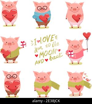 Vector illustration set of cute cartoon pigs. Symbol of the new year 2019 for web, site, greeting card, valentine day poster Stock Vector