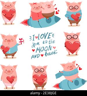 Vector illustration set of cute cartoon pigs. Symbol of the new year 2019 for web, site, greeting card, valentine day poster Stock Vector