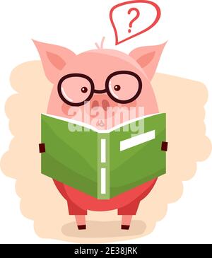 Back to school, vector cute pig wearing glasses, reading a book, education concept. Stock Vector