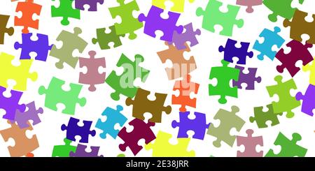 Colorful puzzles are randomly scattered on a white background. Puzzles seamless pattern. Template for design of poster, fabric, packaging materials. V Stock Vector