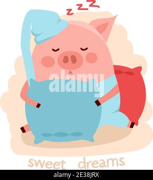 Cute cartoon sleeping pig hugging the pillow, isolated on white. Vector illustration with cartoon symbol of chinese calendar used for poster, greeting Stock Vector