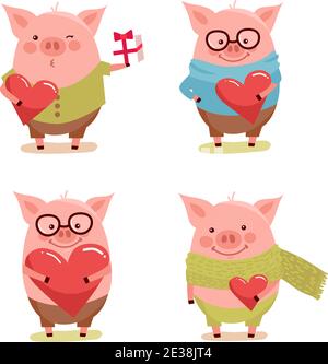 Vector illustration set of cute cartoon pigs. Symbol of the new year 2019 for web, site, greeting card, valentine day poster Stock Vector