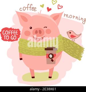 Cute cartoon pig with the cup of coffee. Coffee morning spring illustration isolated on white. Vector illustration with cartoon symbol of chinese cale Stock Vector
