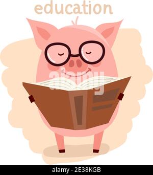 Back to school, vector cute pig wearing glasses, reading a book, education concept. Stock Vector