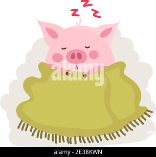 Cute cartoon pig covered by blanket isolated on white. Vector illustration with cartoon symbol of chinese calendar used for poster, greeting card, boo Stock Vector