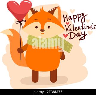 Cute cartoon lovely red fox with pink large heart and text happy valentines day. Vector illustration for web, site, greeting card, valentines day post Stock Vector