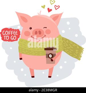Cute cartoon pig with the cup of coffee. Coffee morning illustration isolated on white. Vector illustration with cartoon symbol of chinese calendar us Stock Vector