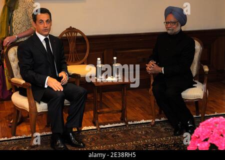 Indian Prime Minister Manmohan Singh (R) meets with France's President Nicolas Sarkozy prior to a dinner at the Prime Minister residence in New-Delhi, India on December 5, 2010. Sarkozy is in India on the second day of a four-day visit. Photo by Philippe Wojazer/Pool/ABACAPRESS.COM Stock Photo