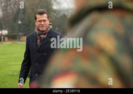 German Defence Minister Karl-Theodor zu Guttenberg is pictured during a ceremony to mark the installation of the German 291st fighter squadron in Strasbourg, France on December 10, 2010. The German 291st fighter squadron, as part of the French-German Brigade, is the first German Regiment to be based in France since 1945. Photo by Antoine/ABACAPRESS.COM Stock Photo