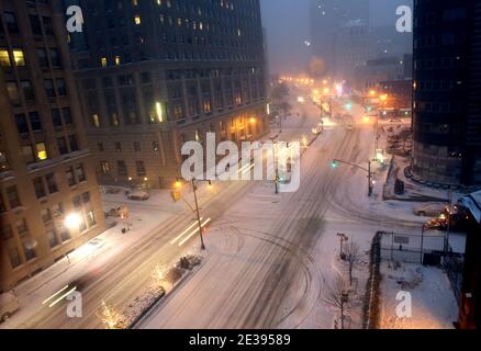 Illustration of Downtown Brooklyn in New York during the first snowfall of the year on December 26, 2010. A winter storm blizzard dropped around 20 inches of snow in the U.S. East Coast. Photo by Charles Guerin/ABACAPRESS.COM Stock Photo